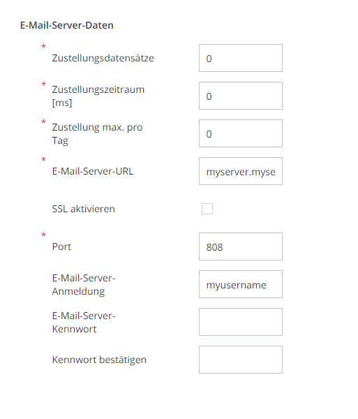 Screenshot des Abschnitts "E-Mail-Server-Einstellungen" auf der Registerkarte "Business Unit-Details“