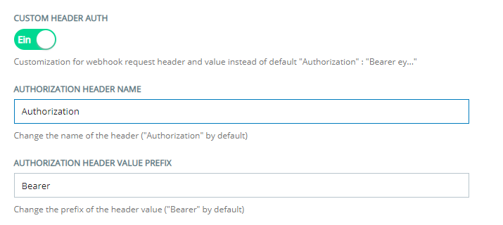 Der Bereich Benutzerdefinierte Kopfzeile für Authentifizierung der Konfigurationsseite für die Custom Exchange Endpoints, auf der Sie benutzerdefinierte OAuth-Header konfigurieren.