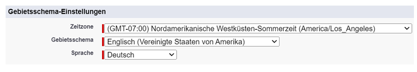 Der Bereich mit Einstellungen zum Gebietsschema auf der Seite Benutzer in Salesforce.