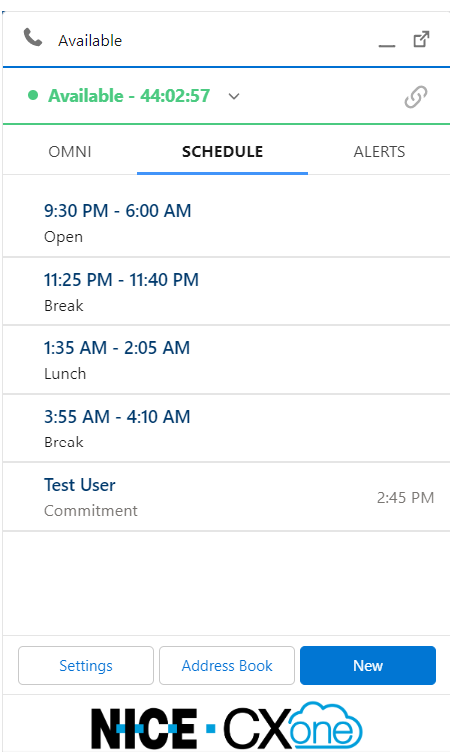 Registerkarte Zeitplan in Agent for Salesforce Lightning mit vergangenen und zukünftigen Verpflichtungen und Ereignissen.