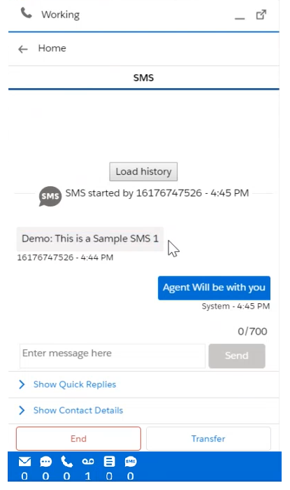 Eine aktive SMS in Salesforce Agent Lightning mit der Nachricht des Kontakts, einem Textfeld sowie der Schaltfläche Senden.