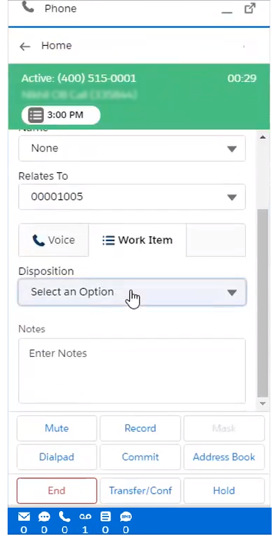 Die eingeblendete Dropdown-Liste "Kontaktdetails anzeigen" in Salesforce Agent Lightning mit einer Dropdown-Liste für die Auswahl einer Disposition.
