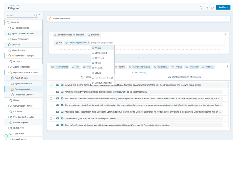 Kategorienseite aus dem Sprachmodell. Kategorie „Patron Appreciative“ ausgewählt. Zeigt die Ergebnisse übereinstimmender Interaktionen und Details zu Kategorieregeln an. Zeigt die Kategorienstruktur sowie die Schaltflächen „Rückgängig“, „Neu abtasten“, „Neu kategorisieren“ und „Speichern“ an.