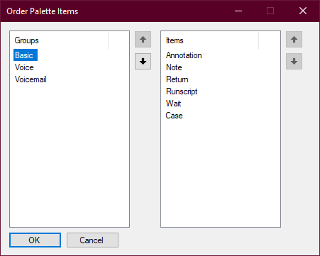 Das Fenster "Reihenfolge der Palettenelemente" mit einer Kategorie, die in der Gruppenliste links ausgewählt wird, und die Aktionen, die sie enthält, auf der rechten Seite unter "Elemente" angezeigt.