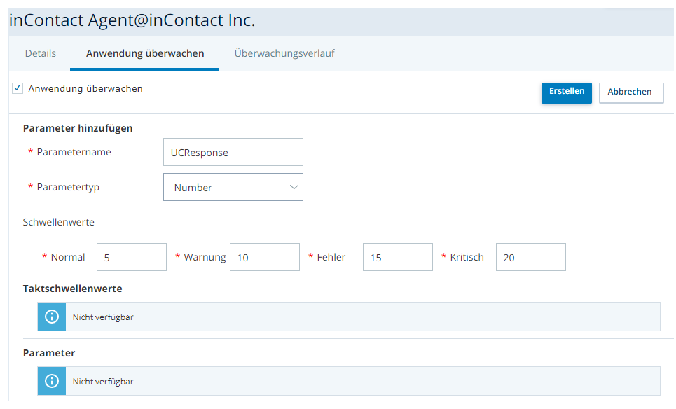 Abbildung des Formulars zur Parametererstellung auf der Registerkarte "Anwendung überwachen" der externen API-Anwendung
