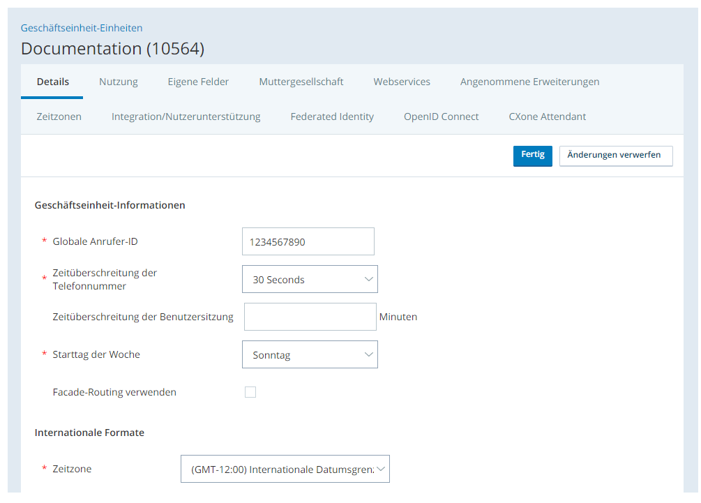 Screenshot der Abschnitte "Informationen zur Business Unit" und "Internationale Formate" auf der Registerkarte "Details zur Business Unit“