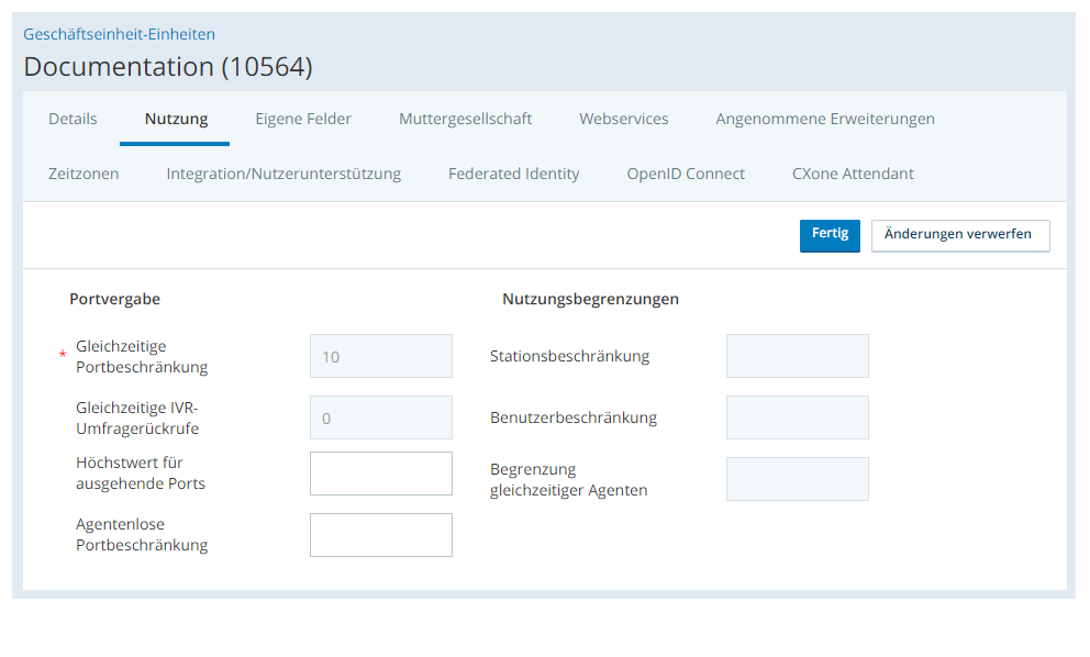 Screenshot der Registerkarte "Verwendung" der Business Unit