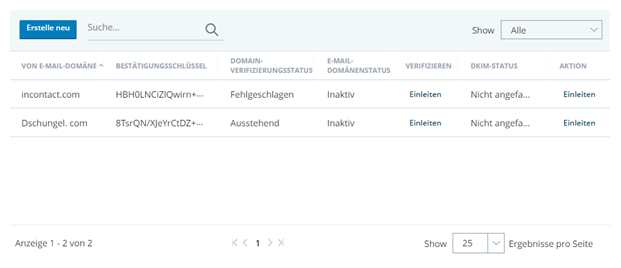 Screenshot der Seite E-Mail-Domänen mit den Spalten Überprüfen und Überprüfungsschlüssel