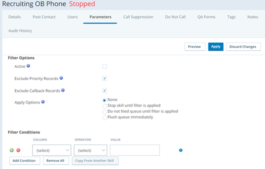Screenshot der Filterseite eines CXone PC-Skills