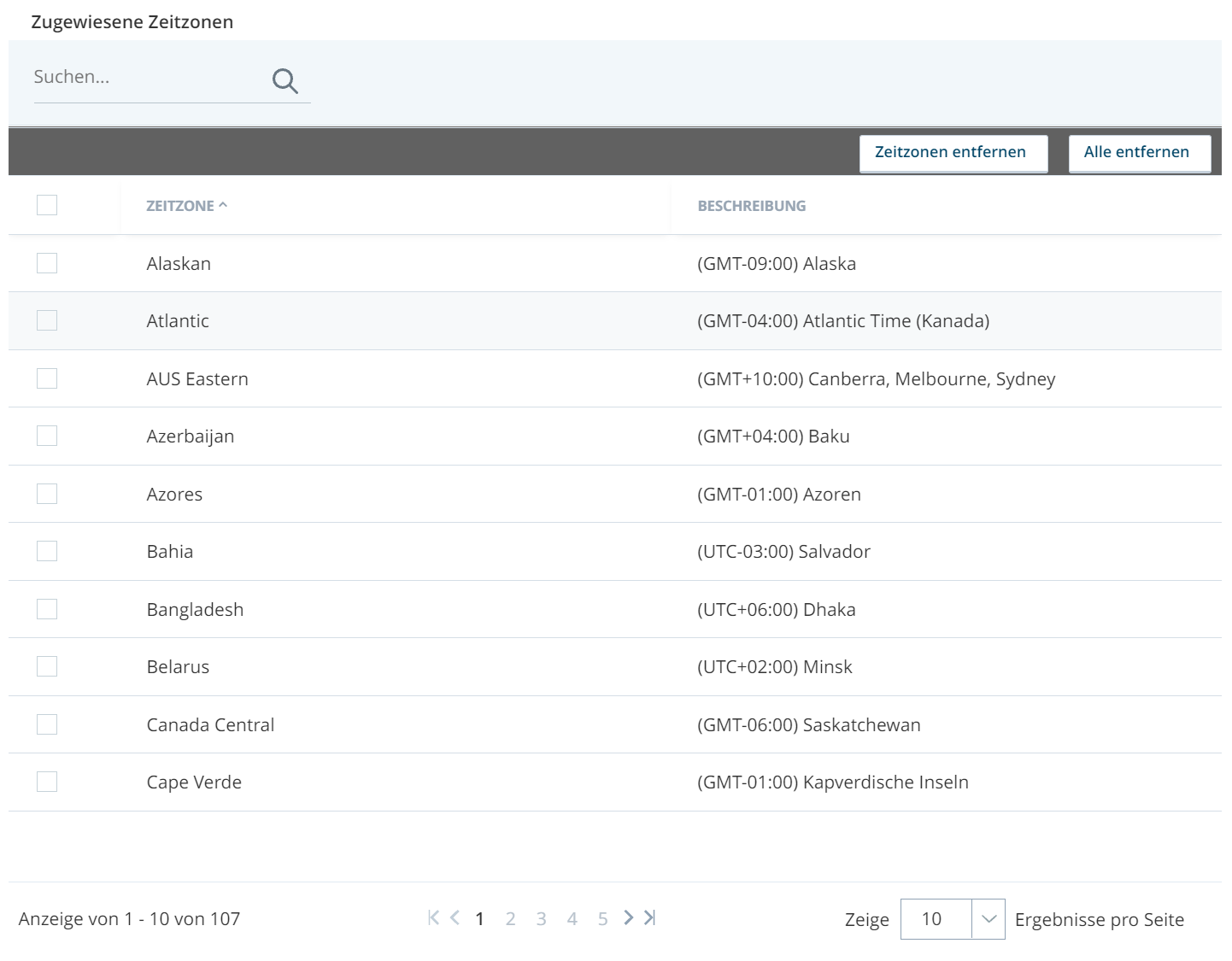 Screenshot der Zeitzonenseite der CXone-Business Unit, wobei der BU neue Zeitzonen hinzugefügt werden