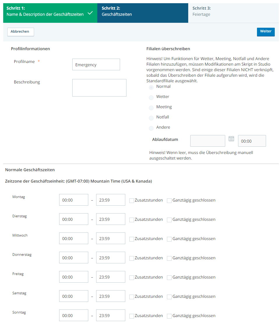 Bild des Betriebsstunden-Assistenten in CXone