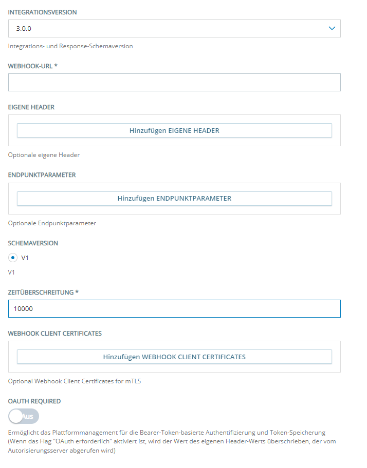 Die Konfigurationsseite zum Hinzufügen eines benutzerdefinierten Bots mithilfe von Custom Exchange Endpoints mit der Integration-Version 2.0.0.