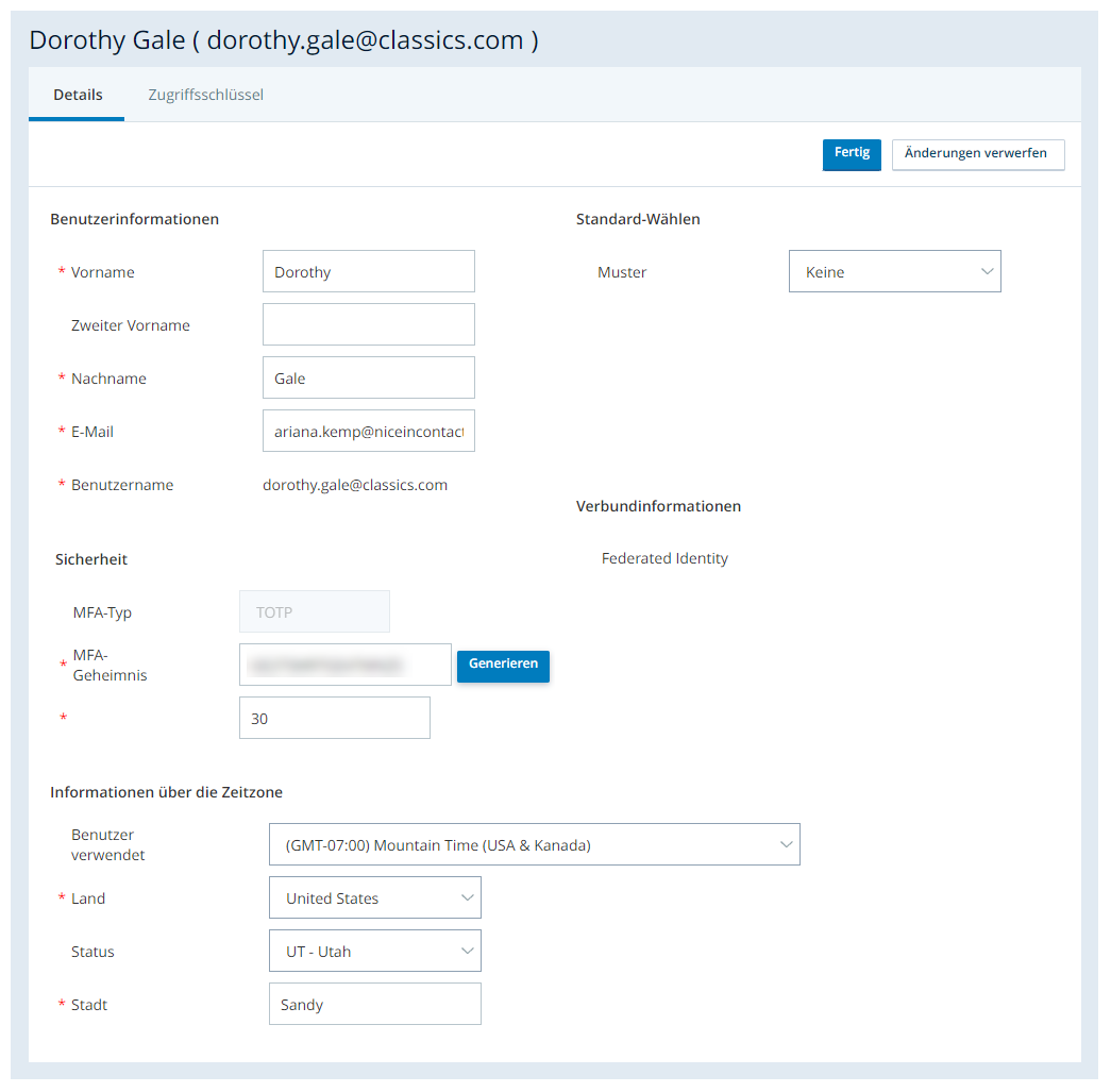 Registerkarte Kontoeinstellungen Details