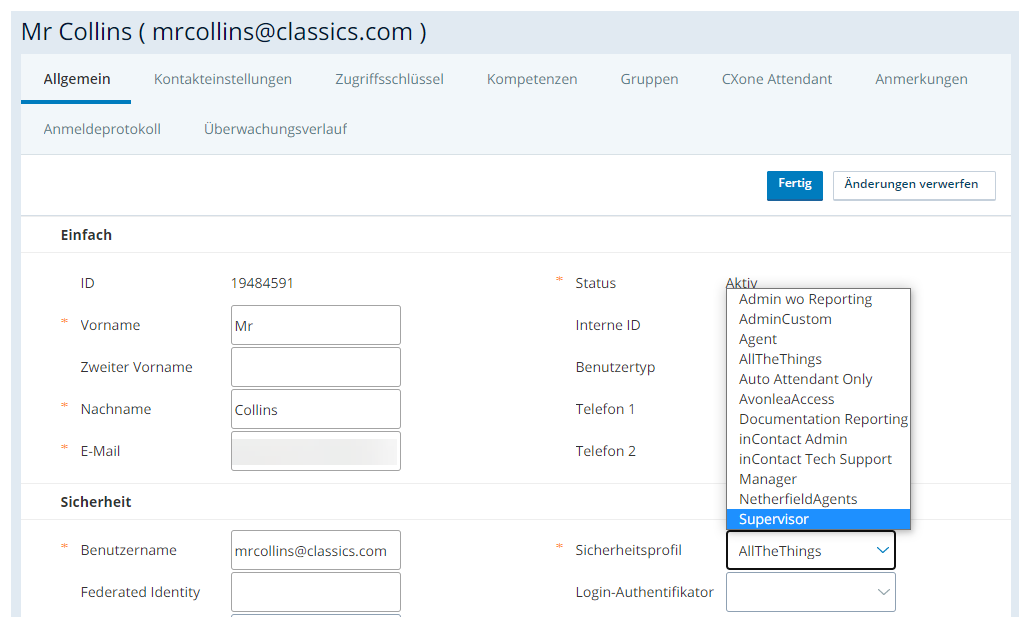 Screenshot des Formulars zur Bearbeitung des Benutzerprofils mit geöffneter Dropdown-Liste für das Sicherheitsprofil