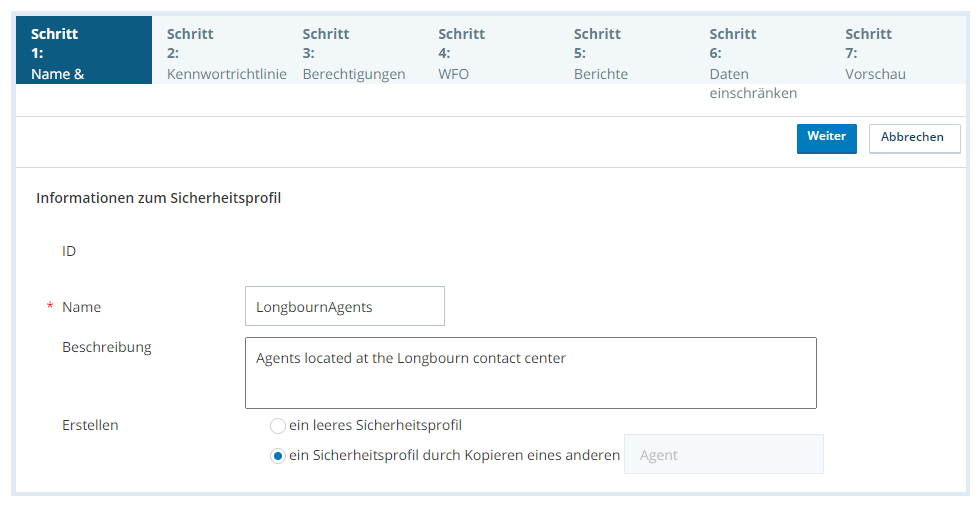 Screenshot der Seite Name und Informationen zur Erstellung eines Sicherheitsprofils, konfiguriert für eine Kopie eines Systemsicherheitsprofils