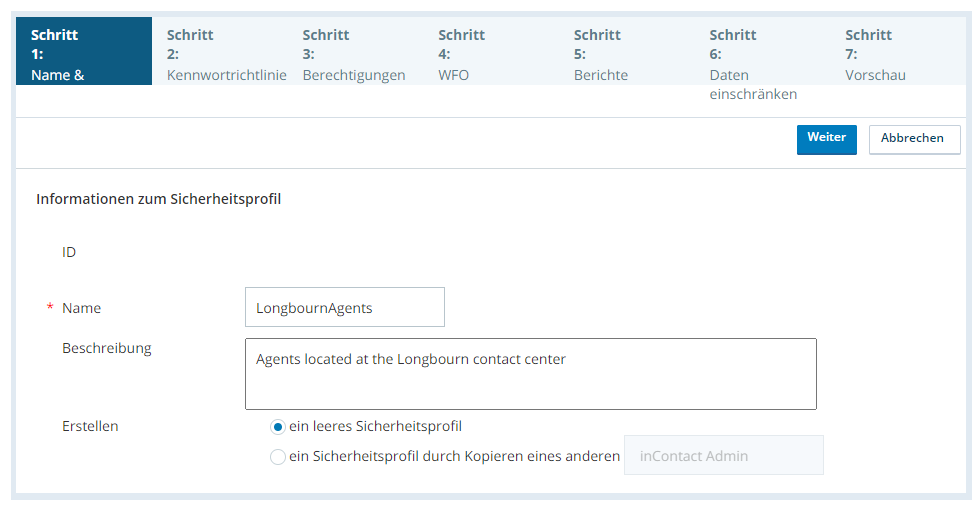 Screenshot der Seite Name und Informationen zur Erstellung eines Sicherheitsprofils, konfiguriert für ein leeres Sicherheitsprofil