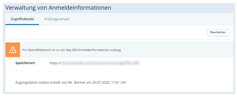 Screenshot der Seite "Zugangsdatenverwaltung", auf der die SEA-Anmeldedaten festgelegt werden.