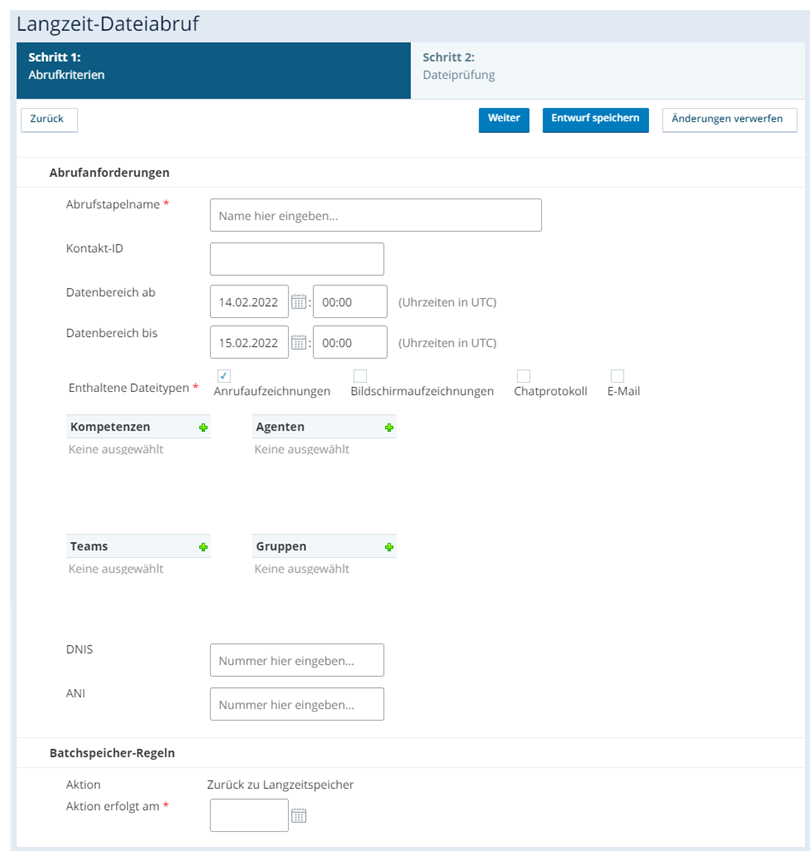 Die Registerkarte Abrufkriterien, auf der Sie angeben können, welche Dateien Sie aus dem Langzeitspeicher abrufen möchten.