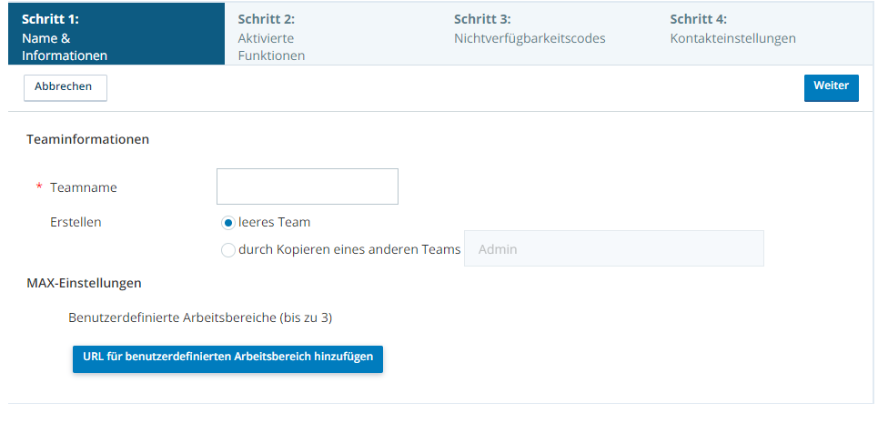 Screenshot zum Erstellen einer neuen Teamseite ohne ausgewählte Optionen