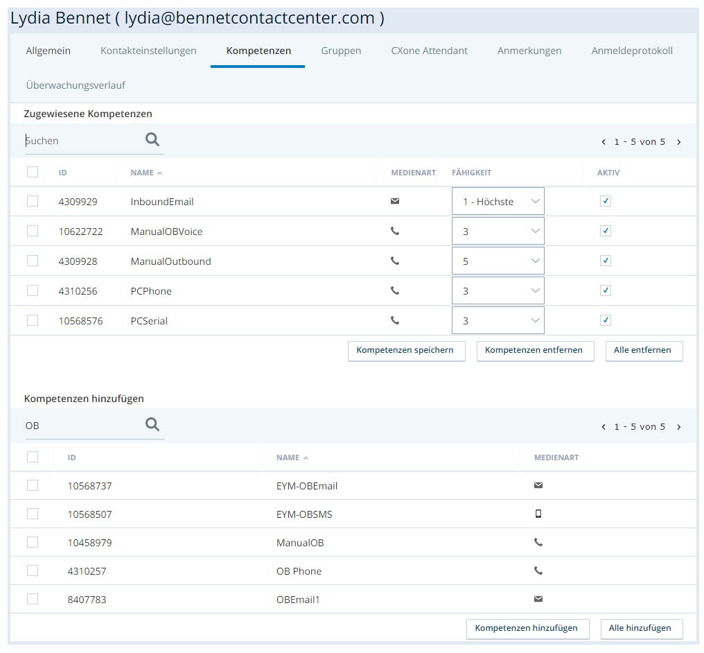 Screenshot der Registerkarte Skills eines Benutzers in Central