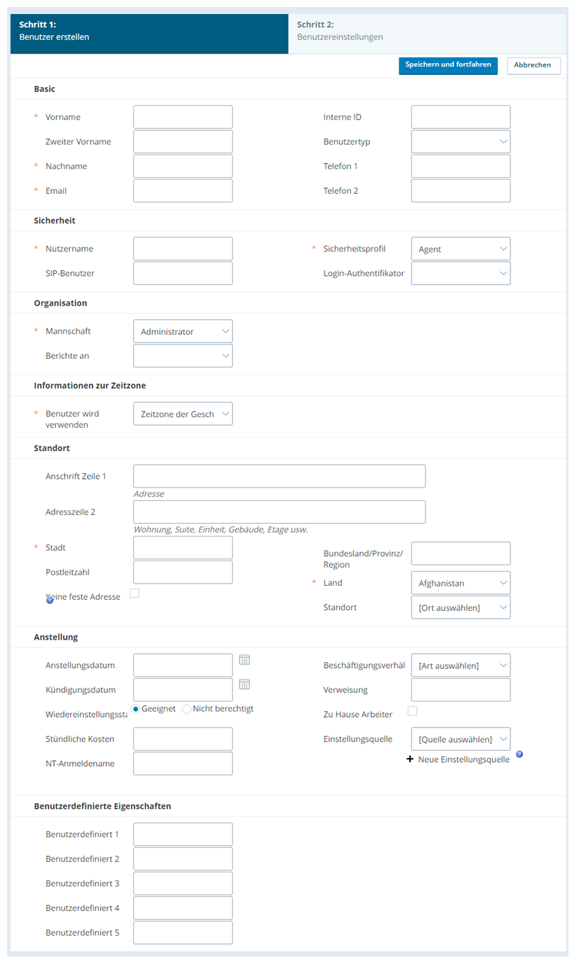 Screenshot des Formulars zur Erstellung von Central-Benutzern