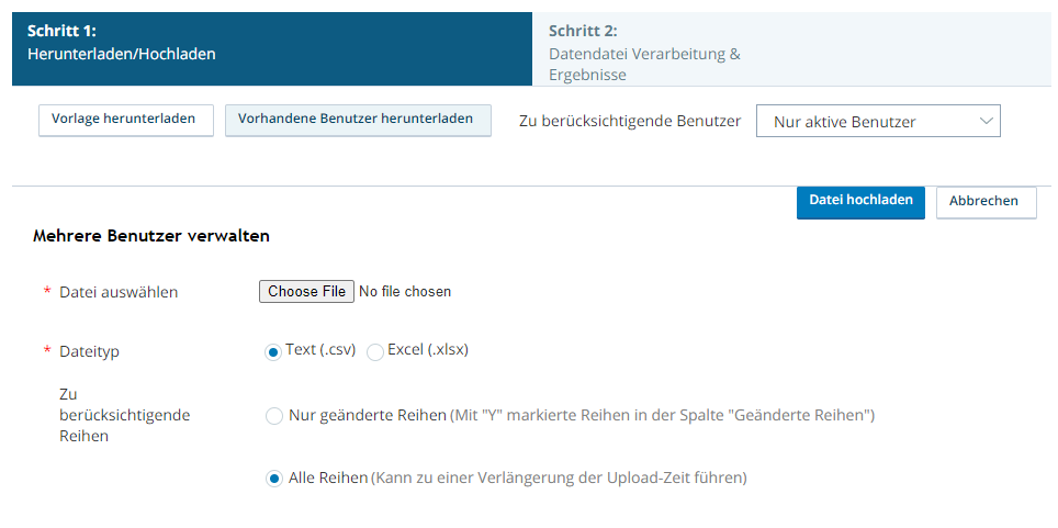 Screenshot der Bulk-Upload-Seite für Central-Benutzer