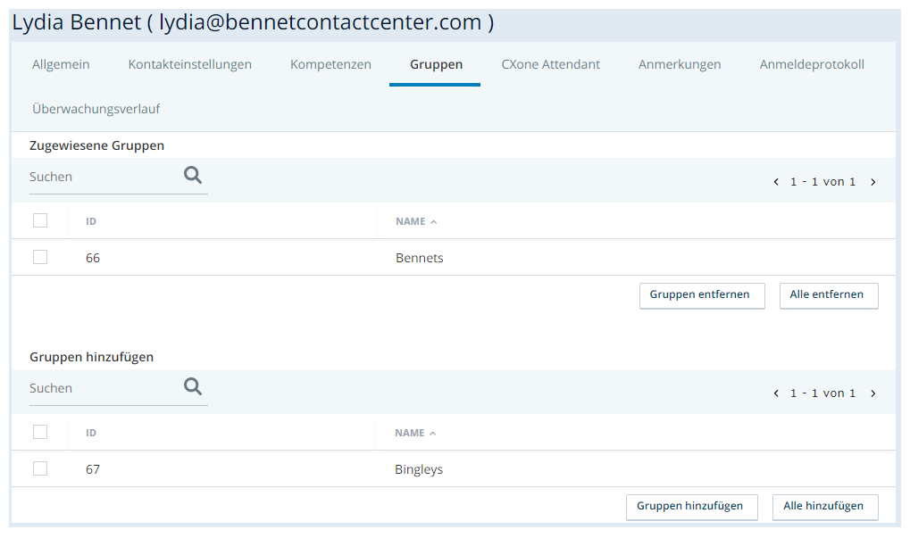 Screenshot der Registerkarte Gruppen in einem Central-Benutzerprofil