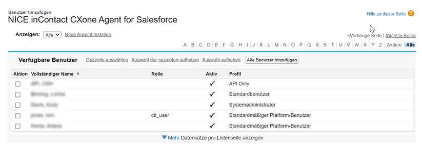 Benutzerliste in Lizenzen verwalten für NICE inContact CXone Mpower Salesforce Agent.
