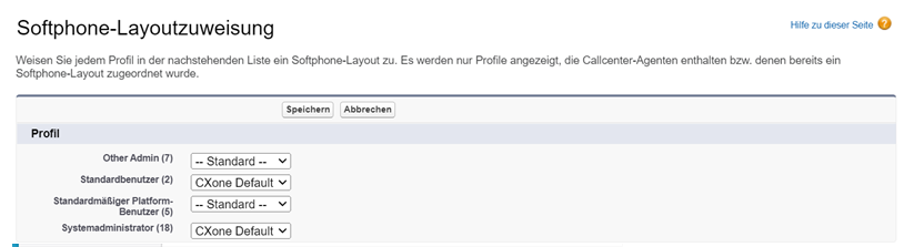 Zuweisungen von Softphone-Layoutprofilen in Salesforce.