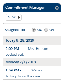 Commitment Manager in Salesforce Agent Classic mit einer Liste bevorstehender Verpflichtungen.