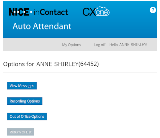 Die Seite mit den Benutzeroptionen in Auto Attendant. Hier können Sie Voicemail-Nachrichten anzeigen, Ihren Voicemail-Namen oder Ihre Begrüßung aufzeichnen oder Ihren Abwesenheitsstatus festlegen.