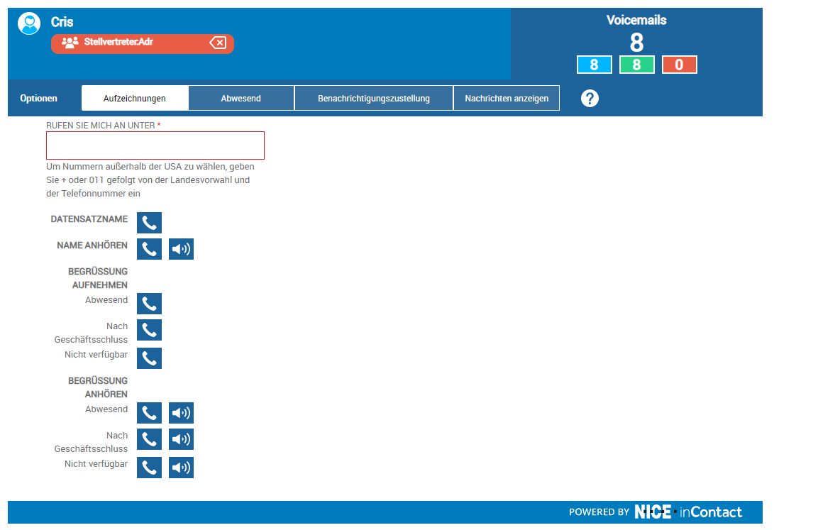 Die Seite CXone Attendant zeigt oben die Meldung, dass ein Administrator sich als der angemeldete Benutzer ausgibt.