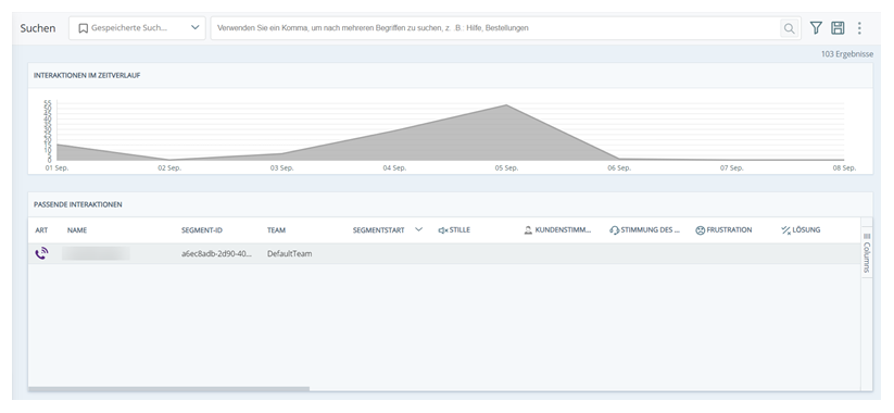 Seite "Suchen" mit Suchleiste, Diagramm der Interaktionen im Zeitverlauf, Filteroptionen und einer Tabelle mit übereinstimmenden Interaktionen