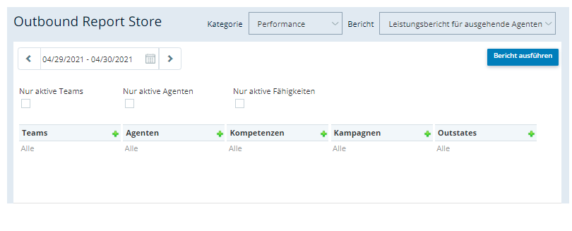 Der Speicher für ausgehende Berichte, in dem die Filteroptionen für einen ausgewählten Bericht angezeigt werden.