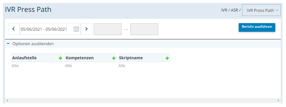 Screenshot des IVR-Drückpfad-Berichts mit einer Datumsbereichsauswahl, Optionen zum Auswählen von Kontaktstellen, Kompetenzen und Skriptnamen und einer Schaltfläche "Bericht ausführen".