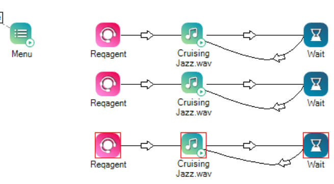 Drei Sätze mit den Aktionen REQAGENT, MUSIC und WAIT neben der Aktion MENU.