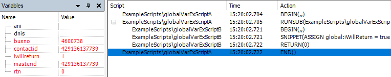 Der Trace erfolgt von dort, wo das Skript zu Skript A zurückkehrt. Das Skript enthält immer noch die Variable iwillreturn, ist aber nicht mehr global.