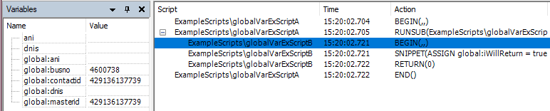 Der Trace für Skript B bei der BEGIN-Aktion. Alle Variablen aus Skript A befinden sich in Skript B, sind aber global. Diese wurden automatisch in Skript B weitergegeben.