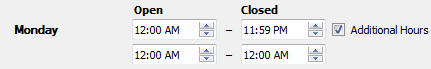 Die Auswahloptionen für "Zusatzstunden" zeigen die Zeiten, zu denen das Geschäft geöffnet bzw. geschlossen ist, von 12:00 AM bis 11:59 PM und von 12:00 AM bis 12:00 AM.