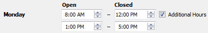 Die Auswahloptionen für "Zusatzstunden" zeigen die Zeiten, zu denen das Geschäft geöffnet bzw. geschlossen ist, von 8:00 AM bis 12:00 PM und von 1:00 PM bis 5:00 PM.