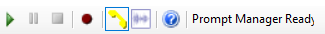 Die Symbolleiste im Prompt-Manager mit den Symbolen für Wiedergabe, Aufnahme und Stopp sowie der Meldung Prompt-Manager bereit".