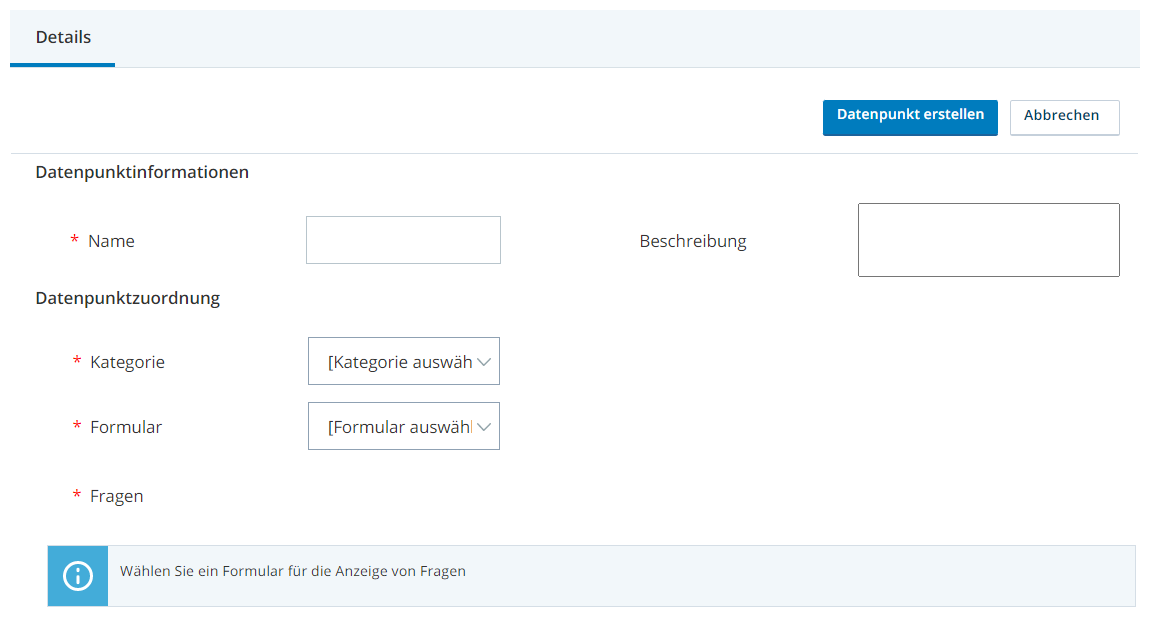 Die Seite "Datenpunkt" in WFI. Enthält Felder für den Namen des Datenpunkts, die Beschreibung, die Kategorie, das Formular und Fragen.