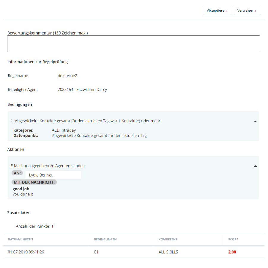 Das Überprüfungsformular für eine WFI Regel. Zeigt den Regelnamen, Bedingungen und Aktionen. Bietet einen Platz, wo Überprüfer Kommentare eingeben können. Schaltflächen zum Akzeptieren und Verweigern befinden sich ganz oben.