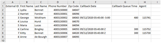 Captura de pantalla de una hoja de cálculo de lista de llamadas con columnas para datos de devolución de llamada