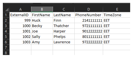Captura de pantalla de una lista de llamadas en una hoja de cálculo que incluye una columna TimeZone