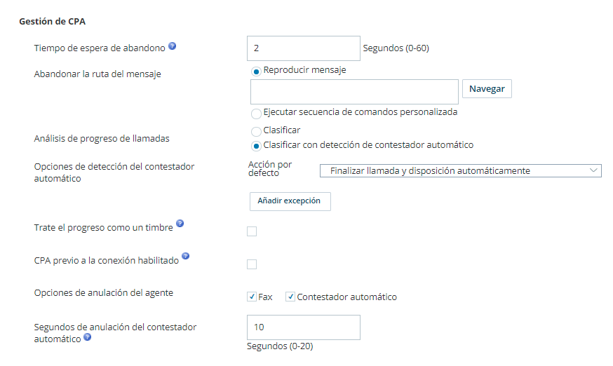 Captura de pantalla de la configuración de administración de CPA para una habilidad, que se encuentra en la aplicación ACD.