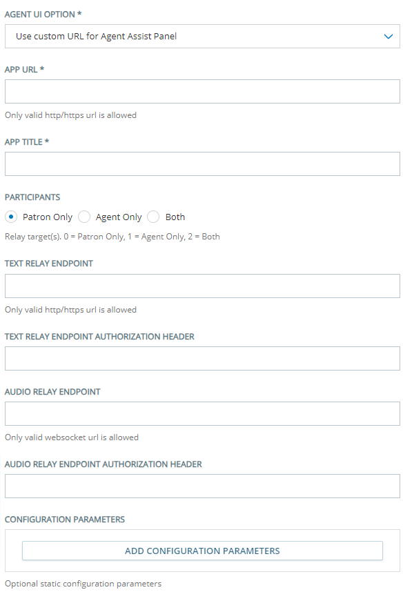 La Página de configuración para agregar un proveedor de asistencia del agente usando terminales personalizados de intercambio.