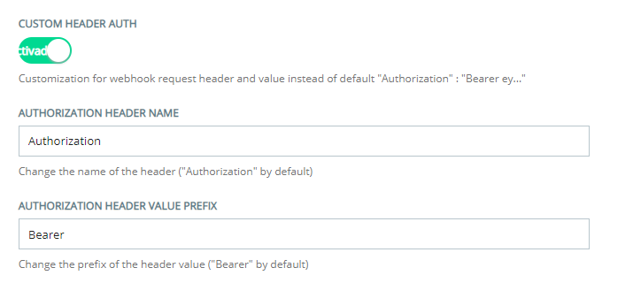 La sección Aut de encabezados personalizados de la página Configuración de terminales personalizados de intercambio, donde configura los encabezados personalizados de OAuth.