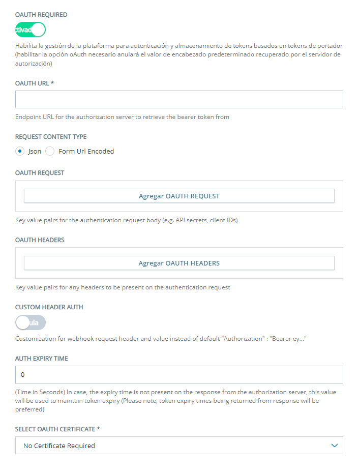 La sección necesaria OAuth de la página Configuración de terminales personalizados de intercambio, donde configura la autenticación dinámica con OAuth.