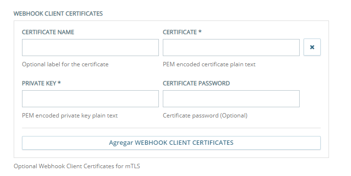 La sección Certificados de cliente de webhook de la página Configuración de terminales personalizados de intercambio, donde configura los certificados de cliente mTLS.